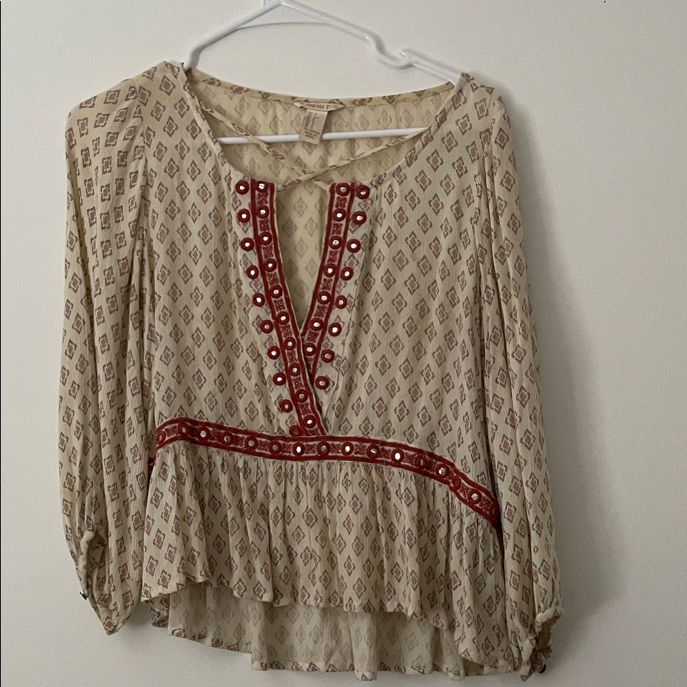 Forever 21 Cream and Red Patterned Blouse